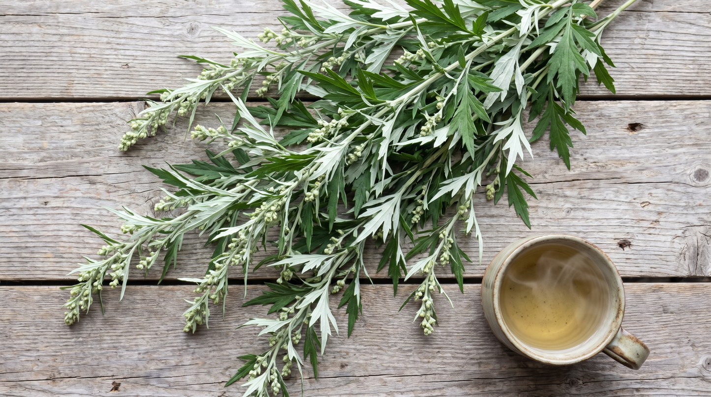 Birdseye view of hands cradling a mug of mugwort tea beside dried mugwort leaves on a linen tablecloth